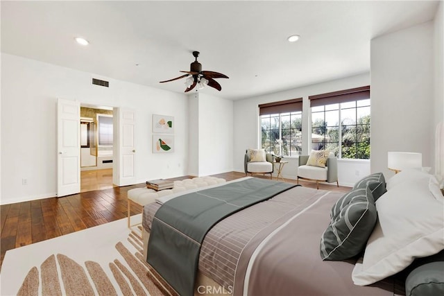2117 Brittany Park Rd, Camarillo, CA 93012 - bedroom featuring hardwood / wood-style flooring, recessed lighting, baseboards, and ceiling fan