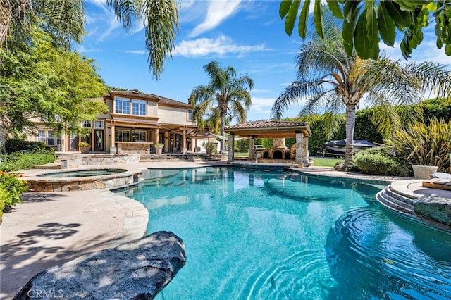 2117 Brittany Park Rd, Camarillo, CA 93012 - view of swimming pool featuring a pool with connected hot tub, a gazebo, and a patio area