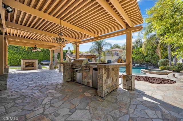 2117 Brittany Park Rd, Camarillo, CA 93012 - view of patio with exterior kitchen, an outdoor fireplace, ceiling fan, an outdoor pool, and a grill