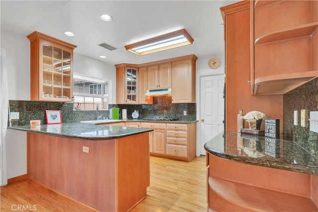 kitchen featuring open shelves, under cabinet range hood, light wood-style floors, and recessed lighting