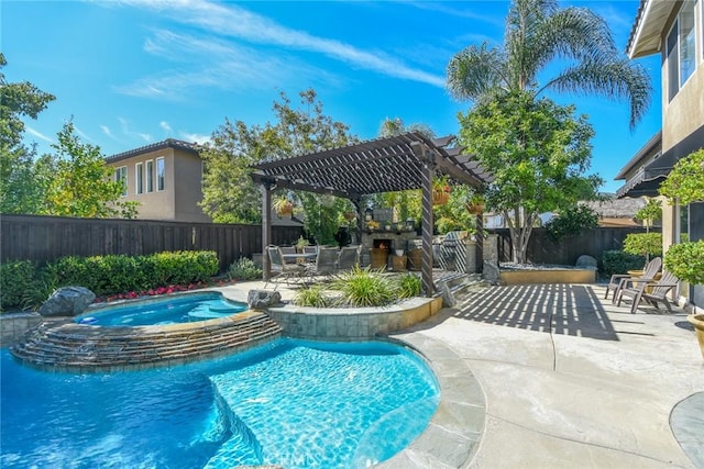 view of swimming pool featuring a pergola, a fenced backyard, and a patio area