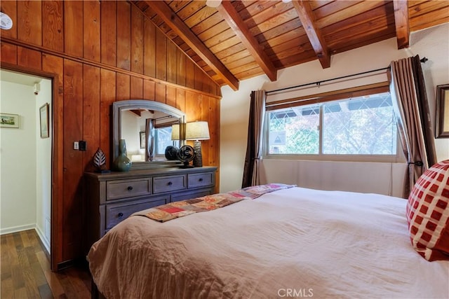 26220 Pine Dell Rd, Idyllwild, CA 92549 - bedroom featuring wooden ceiling, dark wood finished floors, wood walls, and baseboards