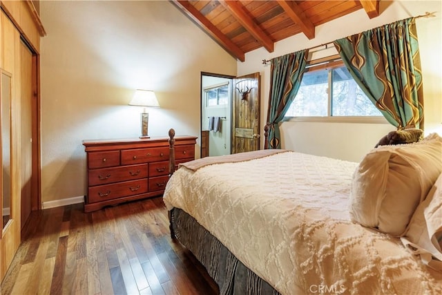 26220 Pine Dell Rd, Idyllwild, CA 92549 - bedroom with wood ceiling, dark wood-style flooring, and baseboards