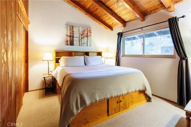 26220 Pine Dell Rd, Idyllwild, CA 92549 - bedroom with wooden ceiling, light colored carpet, and baseboards
