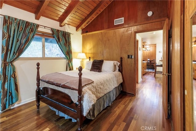 26220 Pine Dell Rd, Idyllwild, CA 92549 - bedroom featuring wood ceiling, hardwood / wood-style floors, wood walls, and baseboards