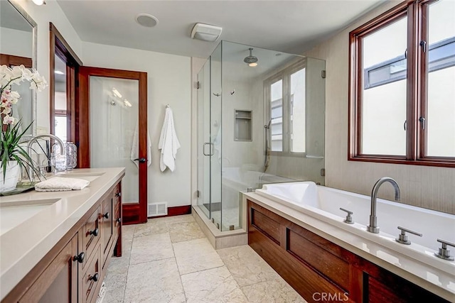 436 32nd St, Manhattan Beach, CA 90266 - bathroom with a shower stall, double vanity, and a garden tub