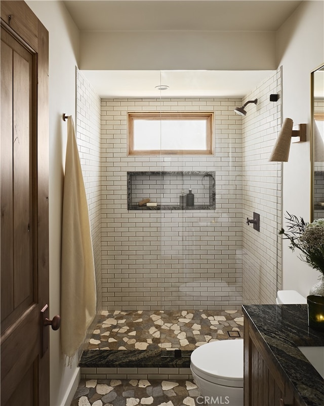 bathroom with toilet, a shower stall, and vanity