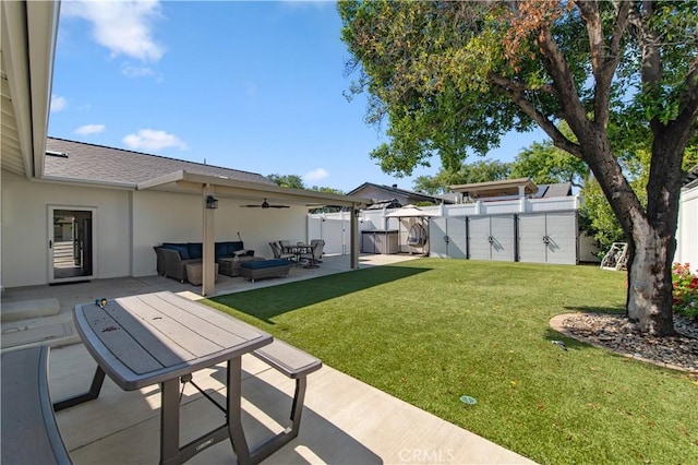 1263 Sandra Ct, Upland, CA 91786 - view of yard featuring an outdoor hangout area, a ceiling fan, and a patio area