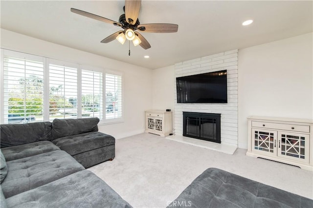 1263 Sandra Ct, Upland, CA 91786 - living room featuring ceiling fan, carpet, a fireplace, recessed lighting, and baseboards
