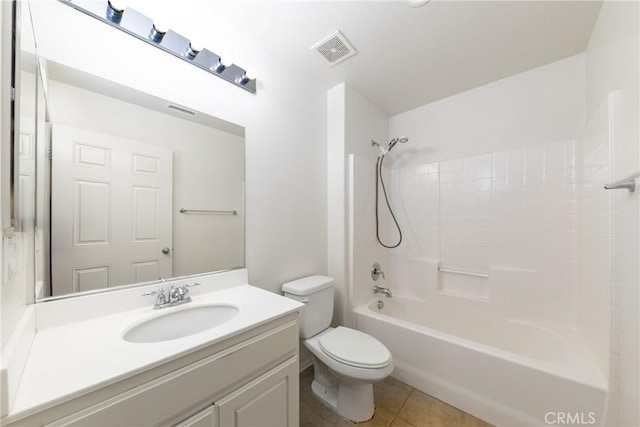 full bath with toilet, vanity, bathtub / shower combination, and tile patterned floors