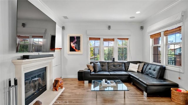 living room with crown molding, wood finished floors, a glass covered fireplace, baseboards, and recessed lighting