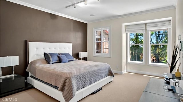 bedroom featuring carpet floors, multiple windows, baseboards, track lighting, and crown molding