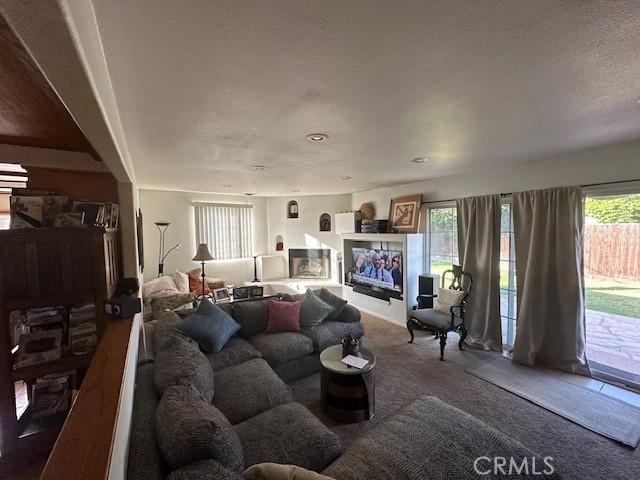 carpeted living area with a fireplace with raised hearth