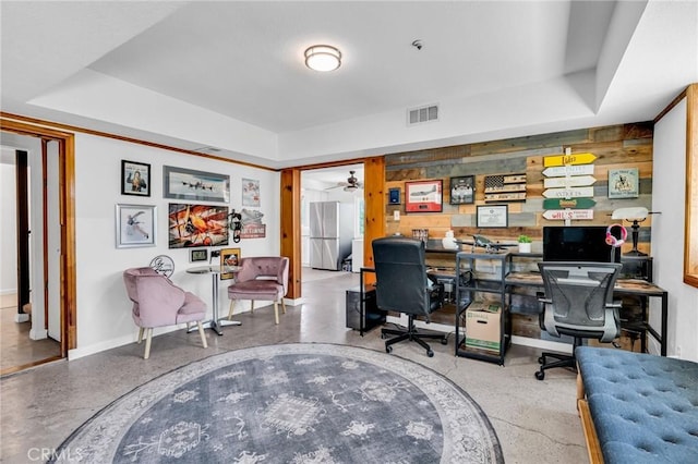 33645 Kobe Rd, Agua Dulce, CA 91390 - home office with wood walls, a raised ceiling, and baseboards