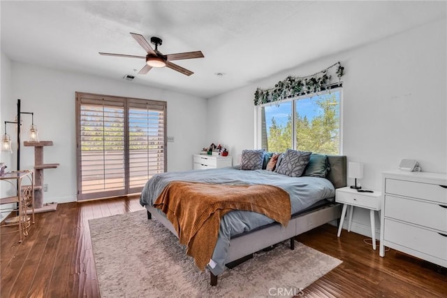 33645 Kobe Rd, Agua Dulce, CA 91390 - bedroom with multiple windows, hardwood / wood-style flooring, access to outside, and a ceiling fan