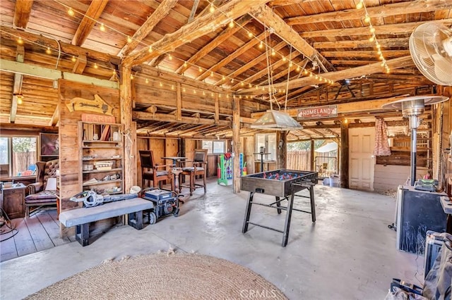 33645 Kobe Rd, Agua Dulce, CA 91390 - misc room featuring concrete floors, wooden ceiling, wooden walls, and high vaulted ceiling