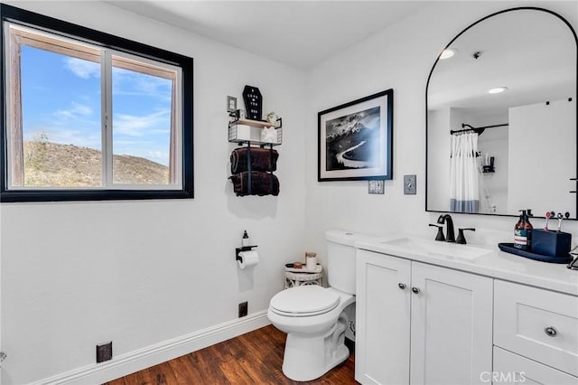 33645 Kobe Rd, Agua Dulce, CA 91390 - bathroom with baseboards, wood finished floors, toilet, vanity, and a shower with curtain