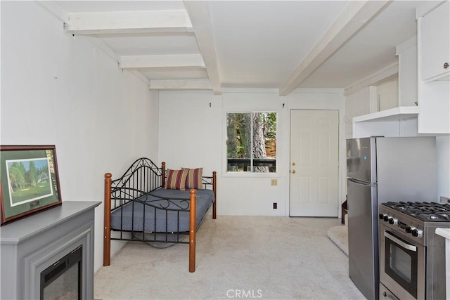 323 Mittry Ln, Lake Arrowhead, CA 92352 - bedroom featuring light carpet, beamed ceiling, and freestanding refrigerator