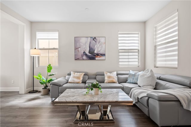 living area featuring wood finished floors and baseboards