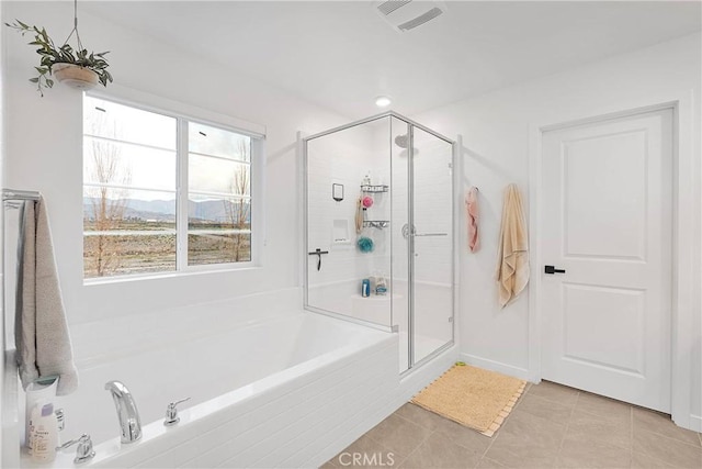 16708 Yarrow Ln, Fontana, CA 92336 - full bath featuring a bath, a shower stall, tile patterned flooring, and a mountain view