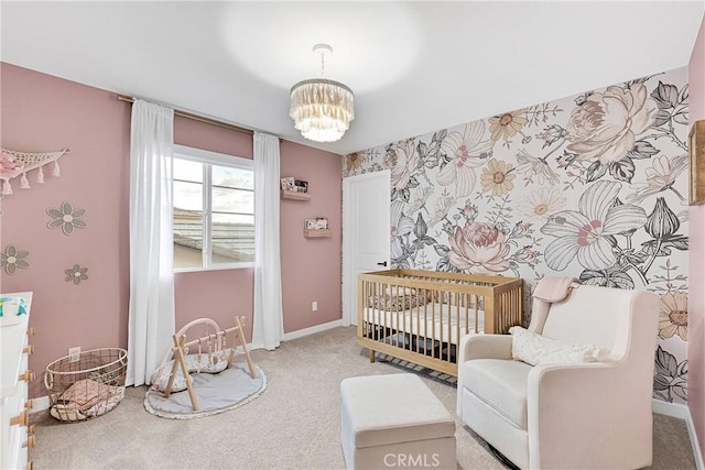 16708 Yarrow Ln, Fontana, CA 92336 - bedroom featuring a chandelier, a nursery area, carpet flooring, baseboards, and wallpapered walls