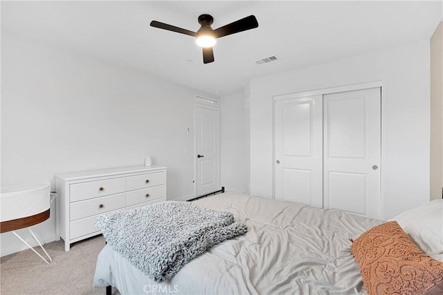 16708 Yarrow Ln, Fontana, CA 92336 - bedroom featuring light colored carpet, a closet, ceiling fan, and baseboards