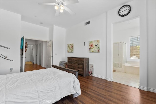 11556 Caldy Ave, Loma Linda, CA 92354 - bedroom featuring wood finished floors, connected bathroom, baseboards, and ceiling fan