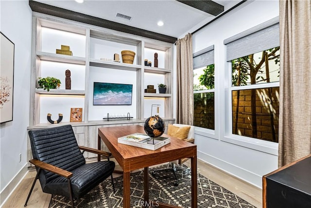 office space featuring wood finished floors, baseboards, and recessed lighting