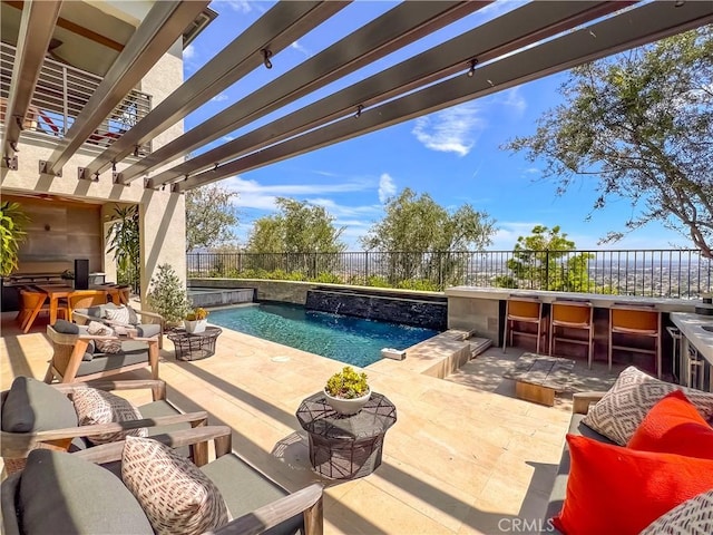 view of pool with a pool with connected hot tub, outdoor lounge area, a pergola, a fenced backyard, and a patio