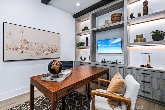office area featuring wood finished floors, baseboards, and recessed lighting
