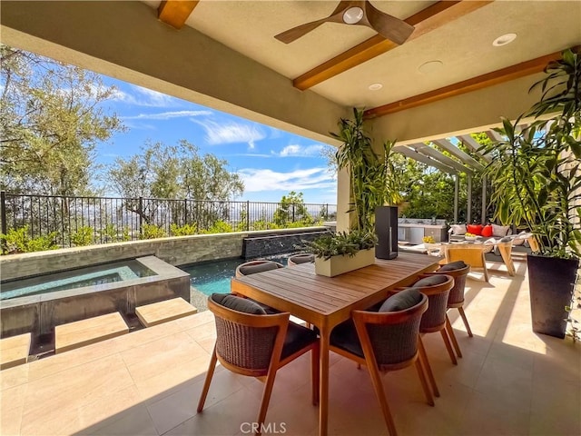 view of patio / terrace featuring a ceiling fan, a fenced backyard, an in-ground hot tub, outdoor dining space, and an outdoor hangout area