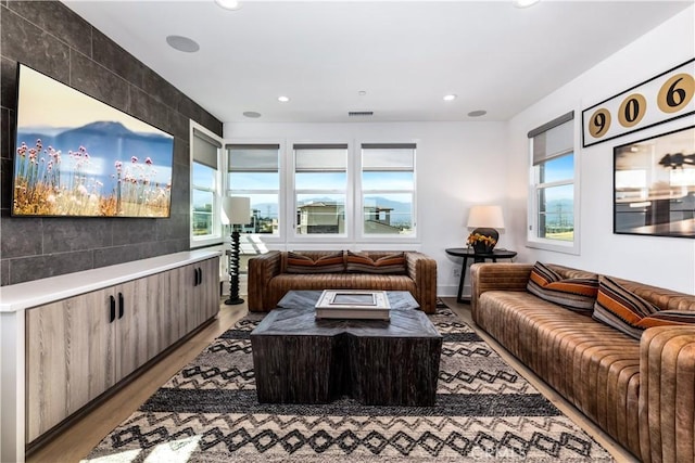 cinema room featuring light wood finished floors and recessed lighting