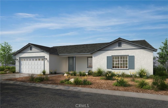 11721 Lasselle St, Moreno Valley, CA 92557 - ranch-style home with a garage, driveway, a shingled roof, and stucco siding