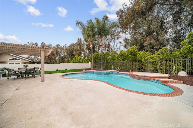 view of pool featuring a fenced backyard, a patio area, a pergola, and a pool with connected hot tub