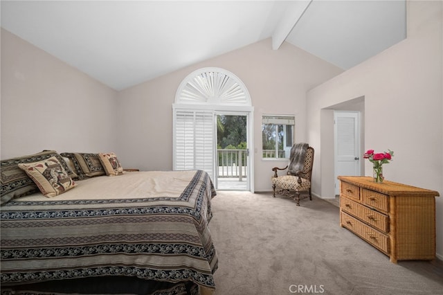 bedroom with access to outside and light colored carpet