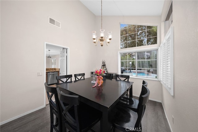 dining space featuring baseboards, a chandelier, dark wood finished floors, and a high ceiling