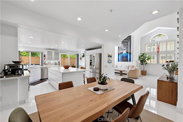 1225 Via Presa, San Clemente, CA 92672 - dining space with recessed lighting, light tile patterned flooring, and lofted ceiling