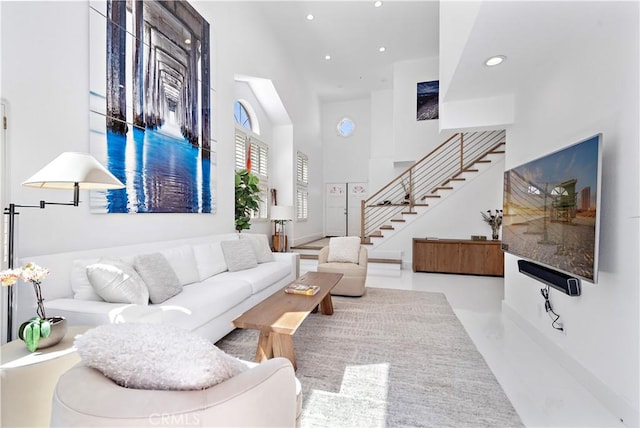 1225 Via Presa, San Clemente, CA 92672 - living area featuring a towering ceiling, stairway, and recessed lighting