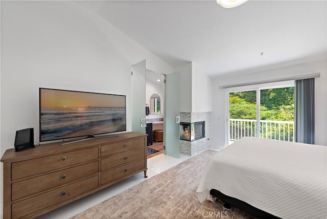 1225 Via Presa, San Clemente, CA 92672 - bedroom with lofted ceiling, access to outside, a multi sided fireplace, and light tile patterned flooring