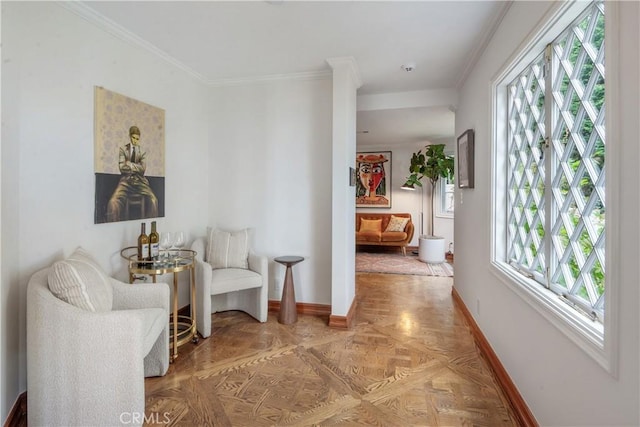 living area featuring crown molding and baseboards