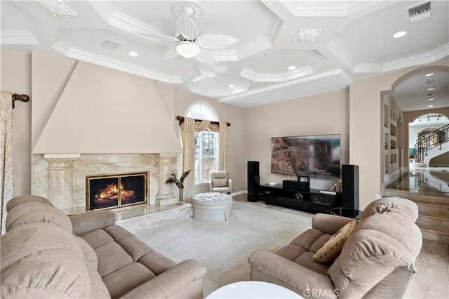 842 Harbor Island Dr, Newport Beach, CA 92660 - living room featuring a ceiling fan, ornamental molding, coffered ceiling, recessed lighting, and a premium fireplace
