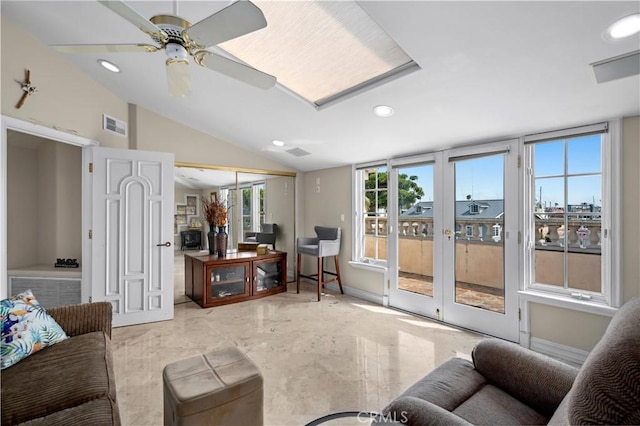 842 Harbor Island Dr, Newport Beach, CA 92660 - living room featuring recessed lighting, lofted ceiling, french doors, a ceiling fan, and marble finish floors