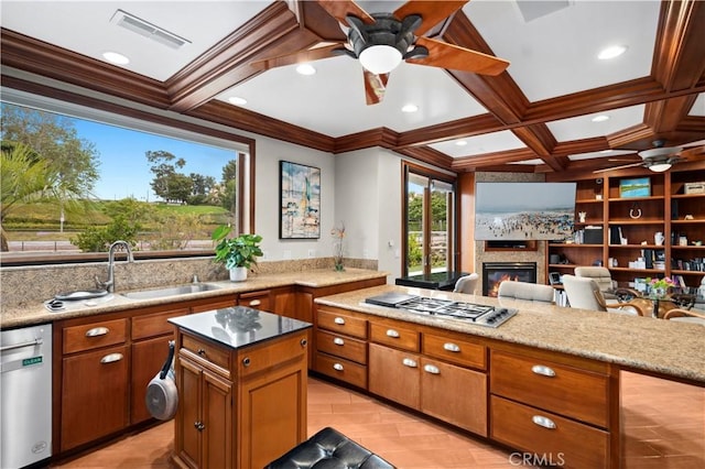 842 Harbor Island Dr, Newport Beach, CA 92660 - kitchen featuring ceiling fan, stainless steel appliances, wine cooler, brown cabinetry, and coffered ceiling