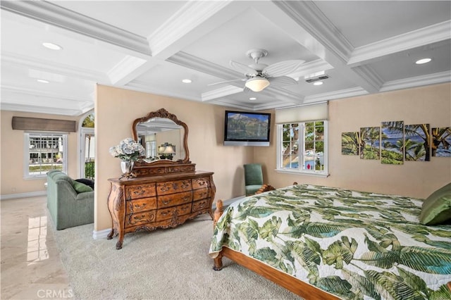 842 Harbor Island Dr, Newport Beach, CA 92660 - bedroom featuring coffered ceiling, crown molding, beam ceiling, recessed lighting, and ceiling fan