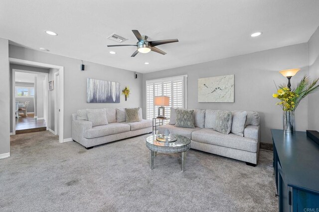 3883 Mount Everest Blvd, San Diego, CA 92111 - carpeted living room featuring a ceiling fan, recessed lighting, and baseboards