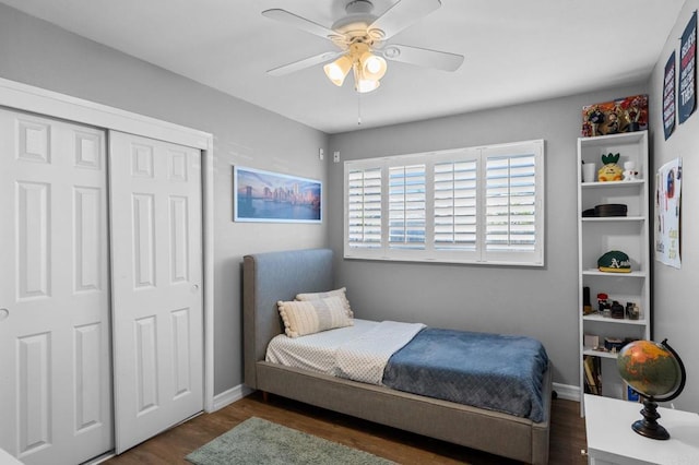 3883 Mount Everest Blvd, San Diego, CA 92111 - bedroom featuring wood finished floors, a closet, a ceiling fan, and baseboards