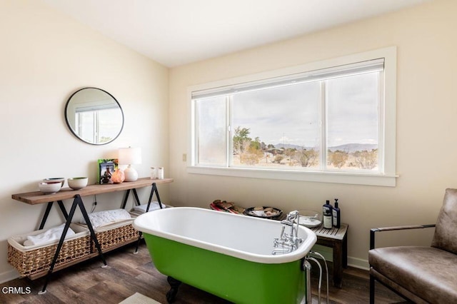 bathroom with wood finished floors, a freestanding tub, and baseboards