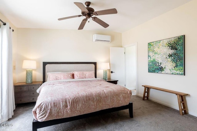 carpeted bedroom featuring a wall mounted air conditioner, baseboards, and a ceiling fan