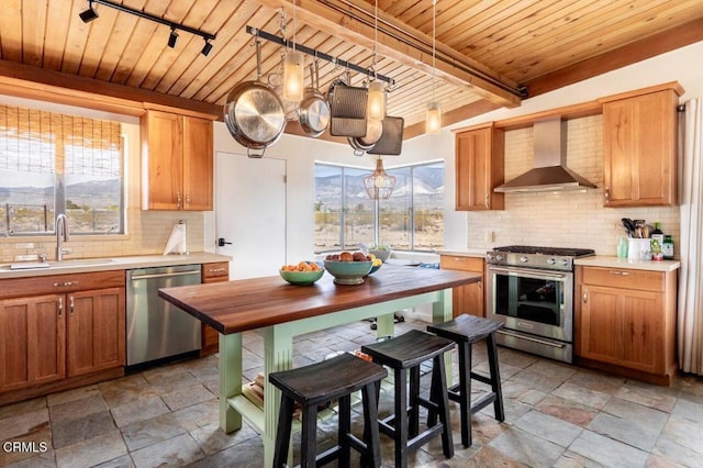 kitchen with appliances with stainless steel finishes, wall chimney range hood, a sink, wooden ceiling, and stone tile flooring