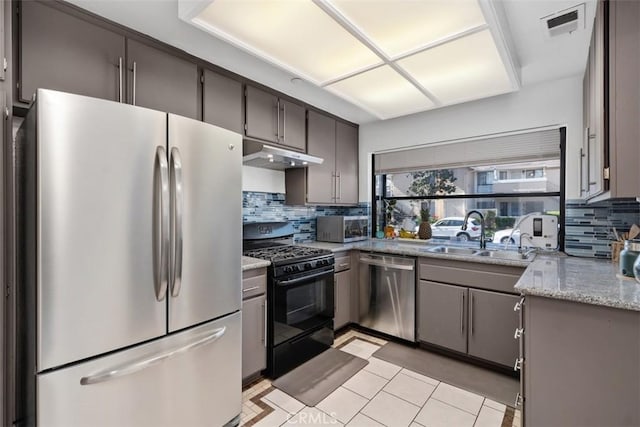 kitchen with appliances with stainless steel finishes, a sink, under cabinet range hood, decorative backsplash, and light tile patterned floors